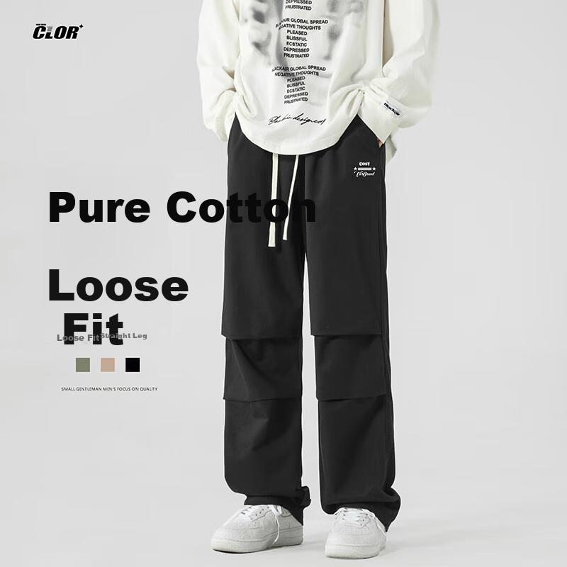 CLOR Pure Cotton Cargo Pants for Men, Spring And Summer Paratrooper Casual Loose-Fit Straight-Leg Trousers, CM02 Black XL