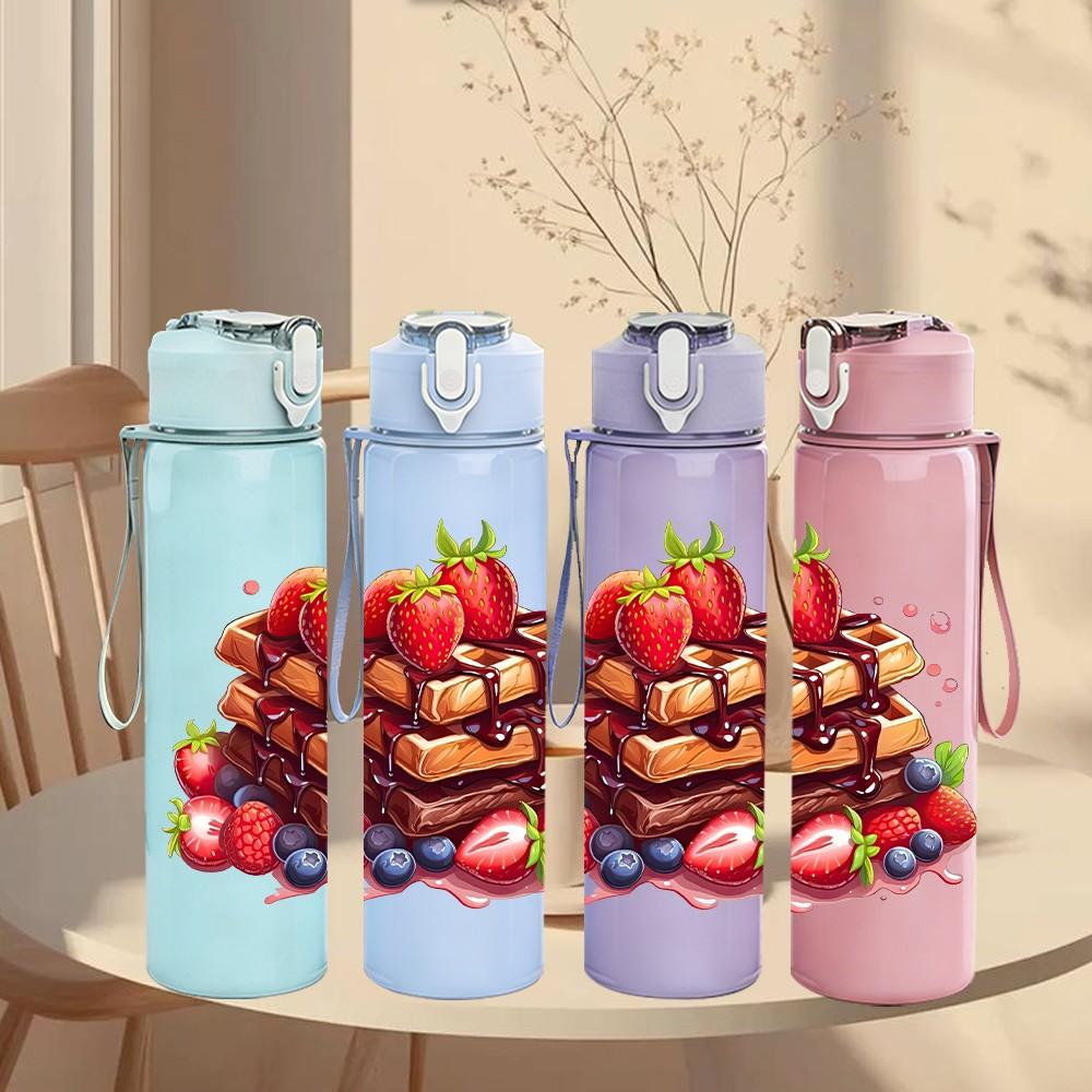 1PC Mixed Berry Fruit Bowl Print 750ml Color Plastic Sports Water Bottle Leakproof Flip Straw Lid Suitable for Sports Office Home Use