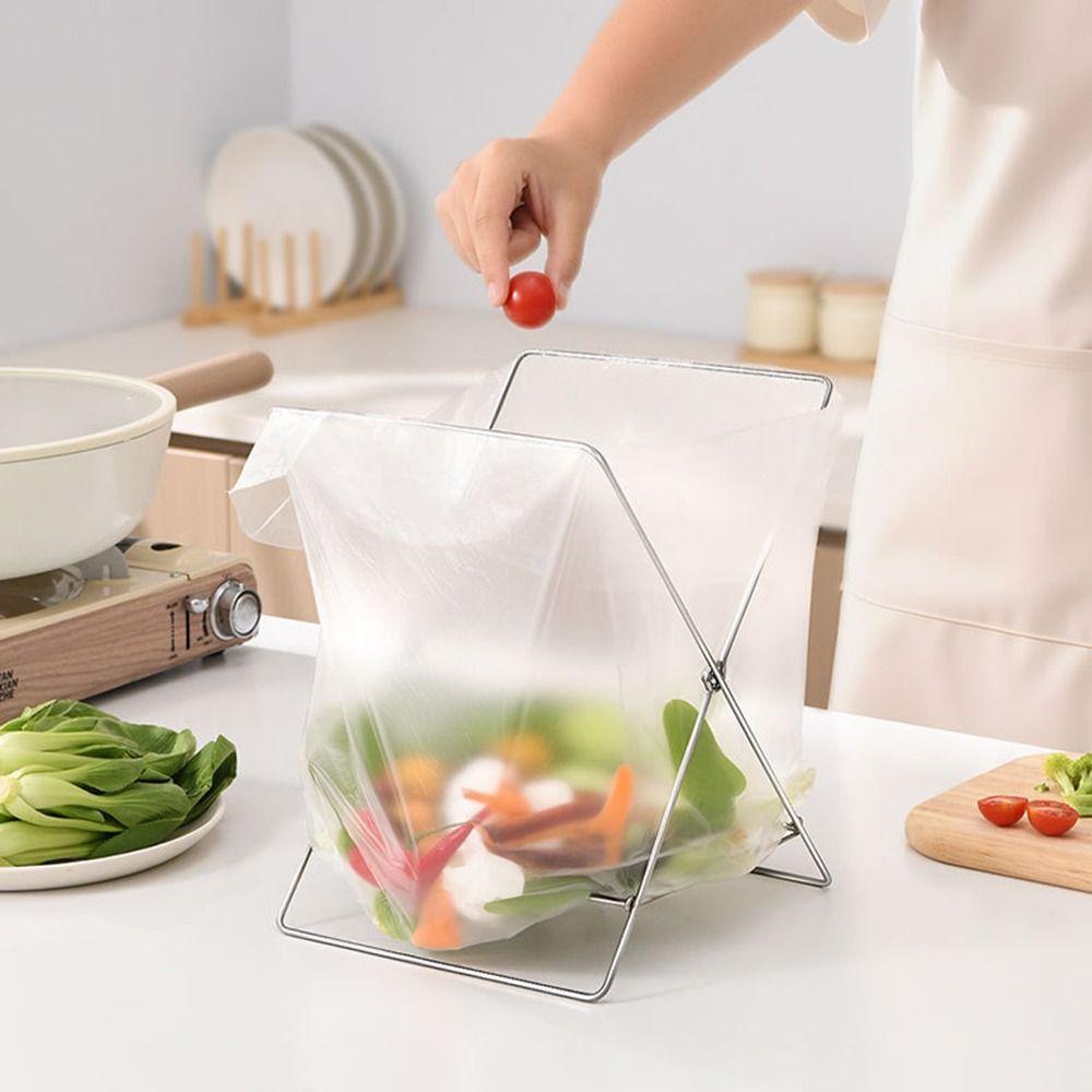Stainless Steel Trash Bag Holder Foldable Sink Towel Rack Heavy Duty Garbage Bag Bracket BBQ