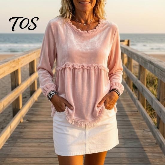 O-Neck Shirt Women Fall Shirt, Loose Fit Casual Fringe Blouse, Solid Wear Blouse Color Ruffle Long Sleeve Pullover Top with Tassels Soft