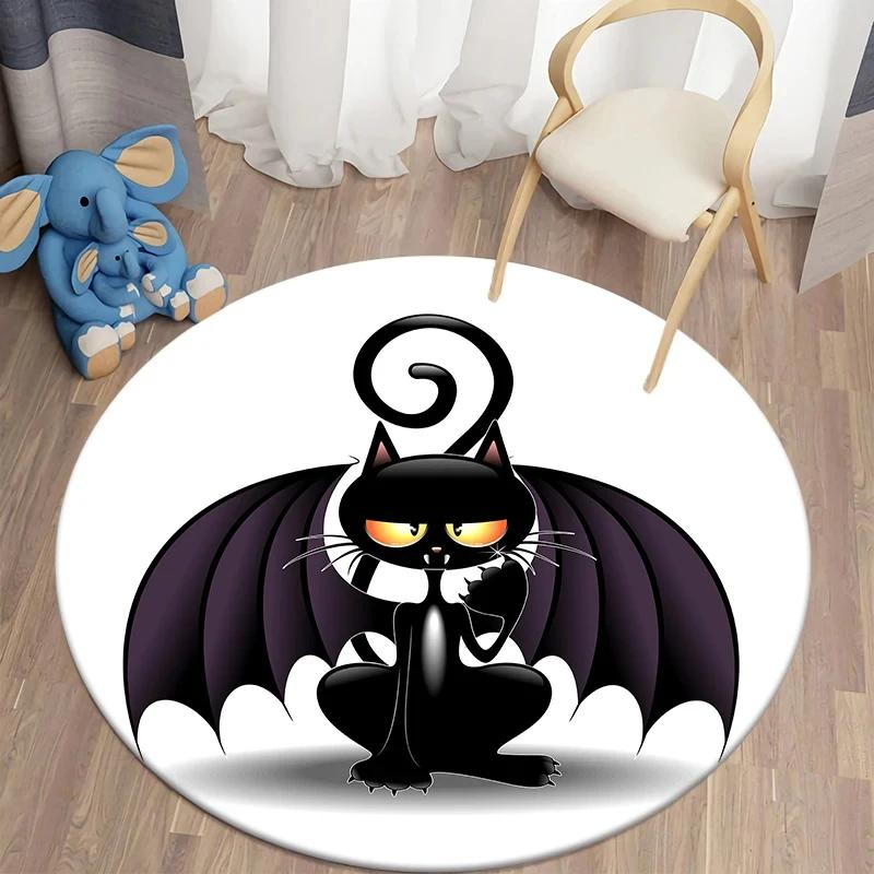 Круглый ковер с черным котом Кавайный ковер с мультяшным животным принтом для гостиной, спальни, декора для стула, комфортный коврик для йоги, нескользящие напольные коврики
