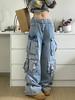 Ladies Cargo Jeans American Street Style Baggy Cargo Pants Women Blue Multi-pocket Wide Leg Jeans for Women