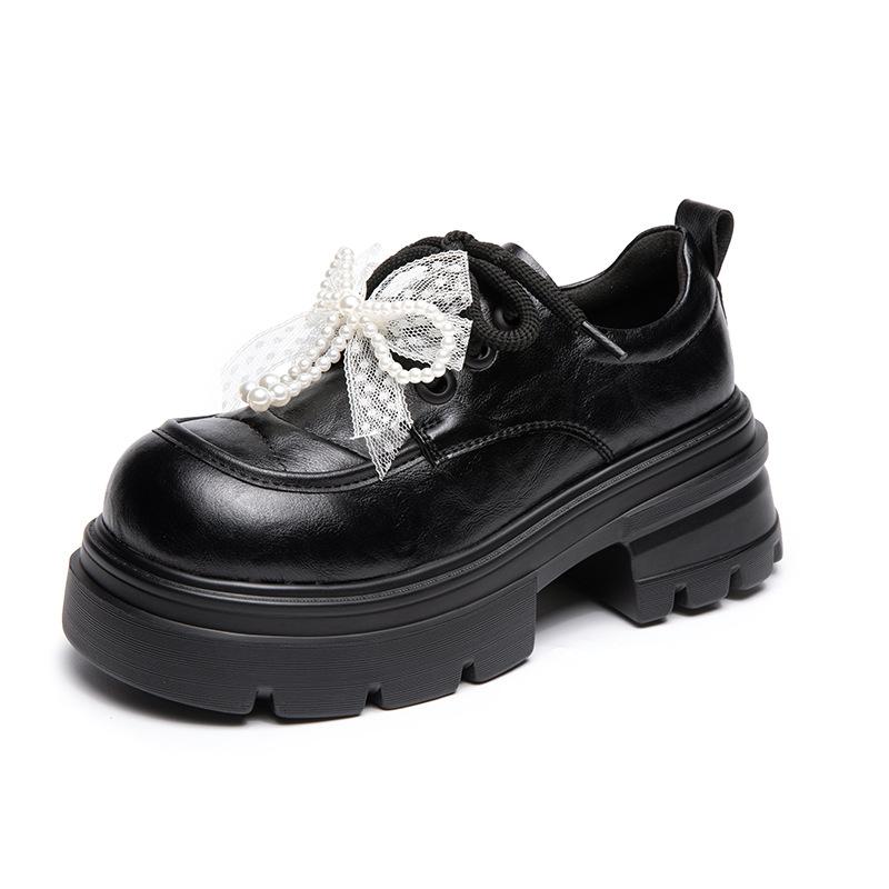 Spring and Autumn new British style platform versatile women's shoes black soft-soled small leather shoes heightening single shoes