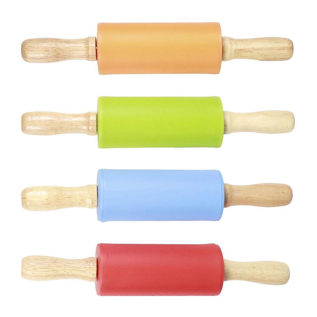4PCS Mini Rolling Pin Wooden Handle Non‑Stick Silicone Rolling Pins for Home Kitchen Children Baking Tool