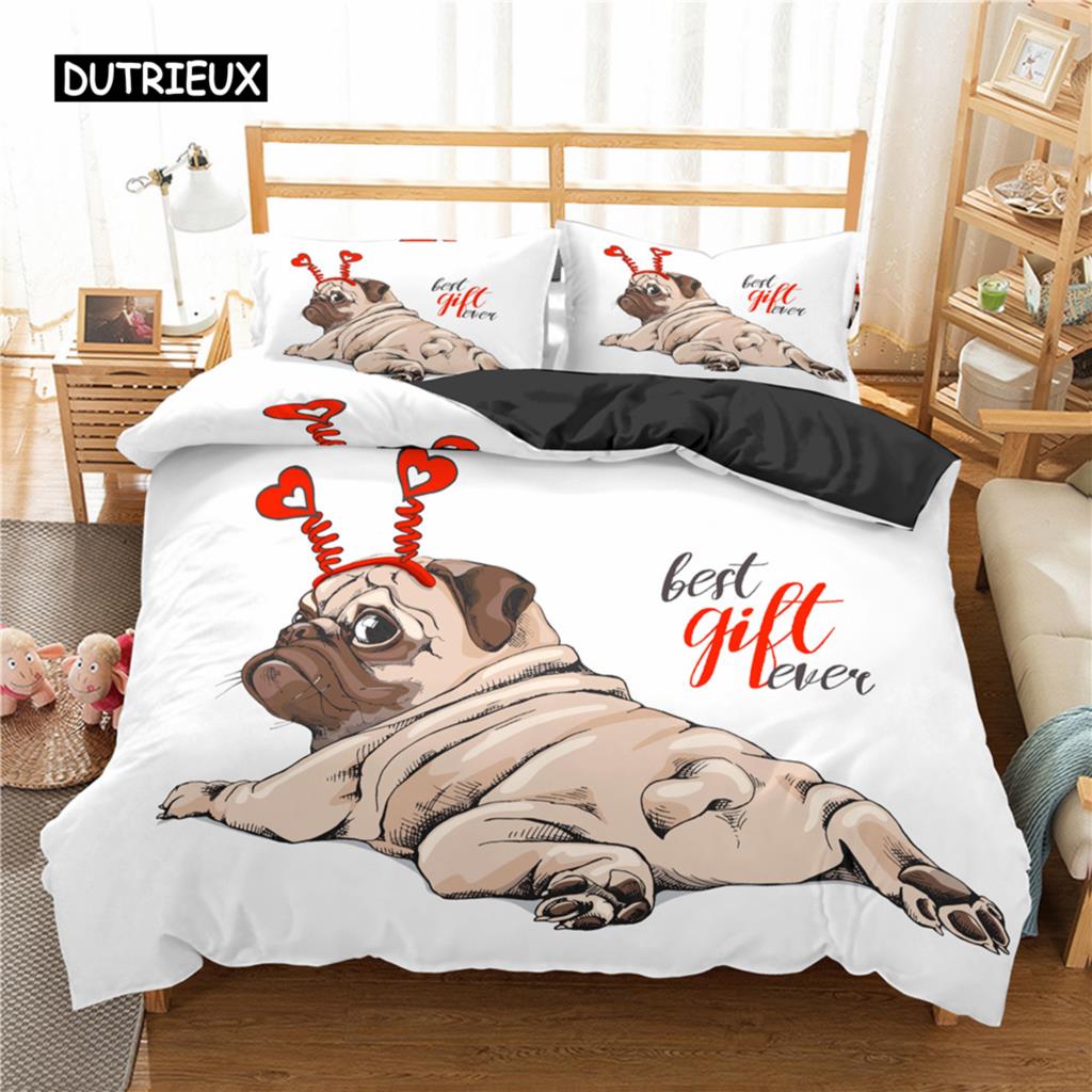 Cute Animal Bedding Set Cartoon Pug Dog Duvet Cover Sets Kids Comforter Cover Queen King Twin Single Size Polyester Quilt Cover
