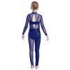 Girls Dance Performance Jumpsuit Full Body Leotard Long Sleeve Mock Neck Mesh Patchwork Keyhole Back Bodysuit