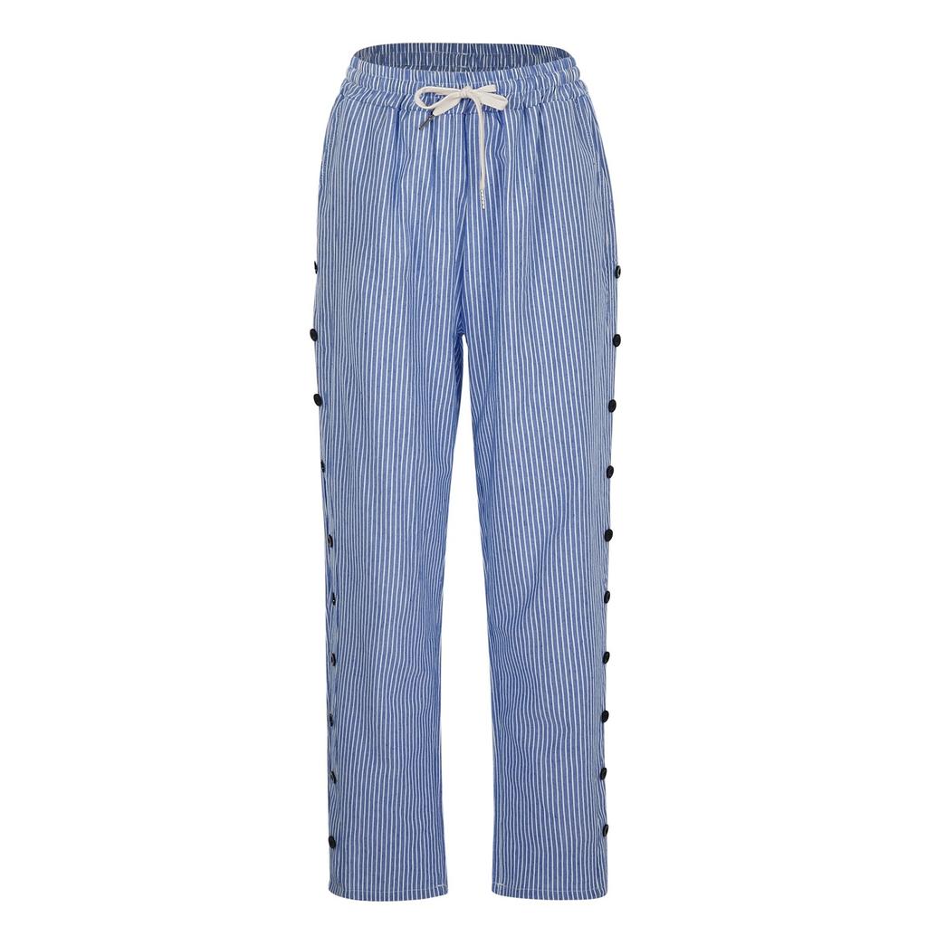 Женские повседневные модные брюки в полоску с принтом сбоку, мешковатые брюки с эластичной резинкой на талии, прямые удобные брюки с карманом