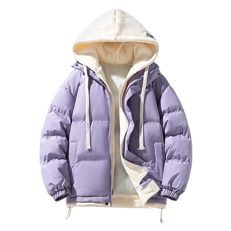 Зимняя новая одежда для хлеба, мужская утолщенная хлопковая подкладка, свободная трендовая поддельная двухкомпонентная хлопковая куртка с капюшоном