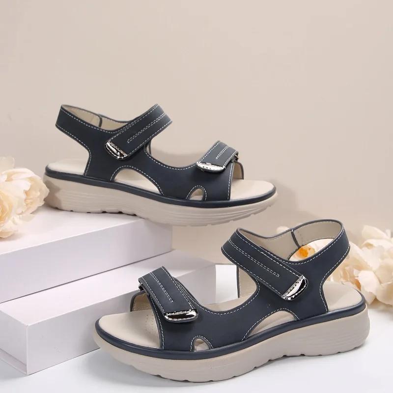 Модные женские сандалии большого размера, новые босоножки на танкетке, кожаные повседневные сандалии для женщин, открытые пляжные тапочки Sandalias De Mujer