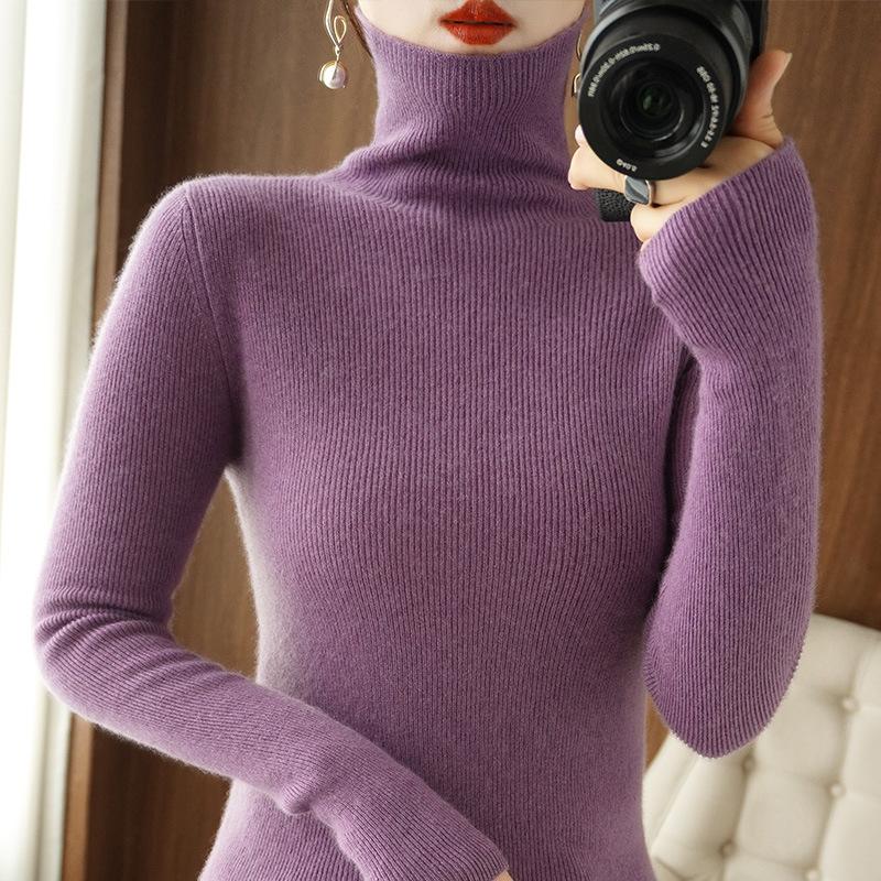 Женский осенне-зимний трикотажный свитер с высоким воротником, облегающий, базовый слой, конфетного цвета, трикотаж для ношения под одеждой