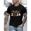 Hello 2024 Print Men Women T-shirt Happy New Year Eve Party Unisex Tops Casual Short Sleeve Black T Shirt New Year Holiday Tees
