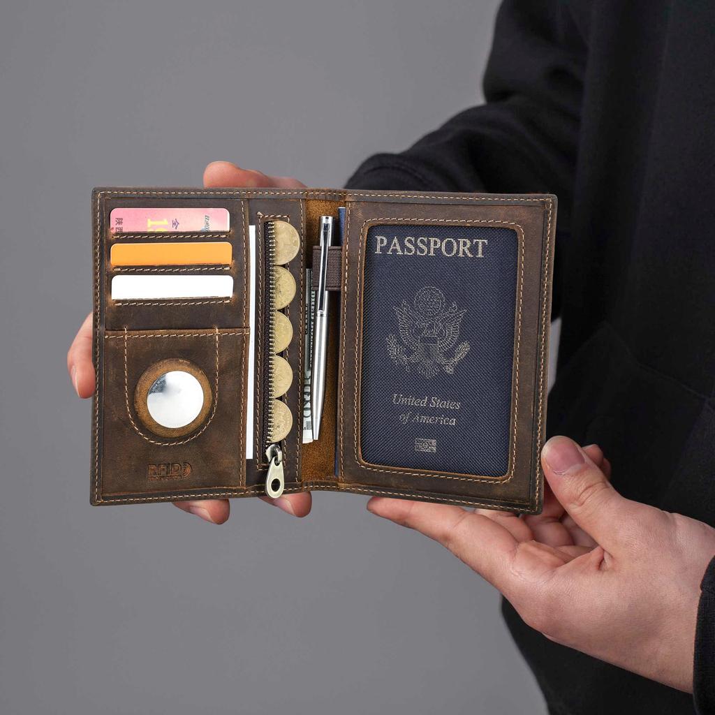 CONTACT'S Genuine Leather Passport Wallet Business Credit Card Holder Anti-lost Travel Purse
