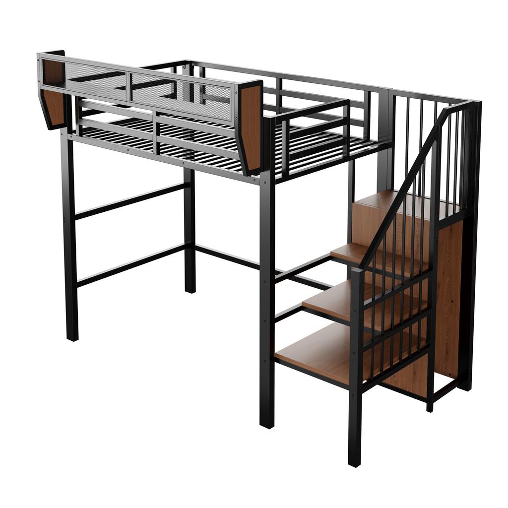 High Bed 90x200 with LED Light Strip, Safety Ladder and Flexible Storage Metal Bed Adult Bed Children's Bunk Bed Black