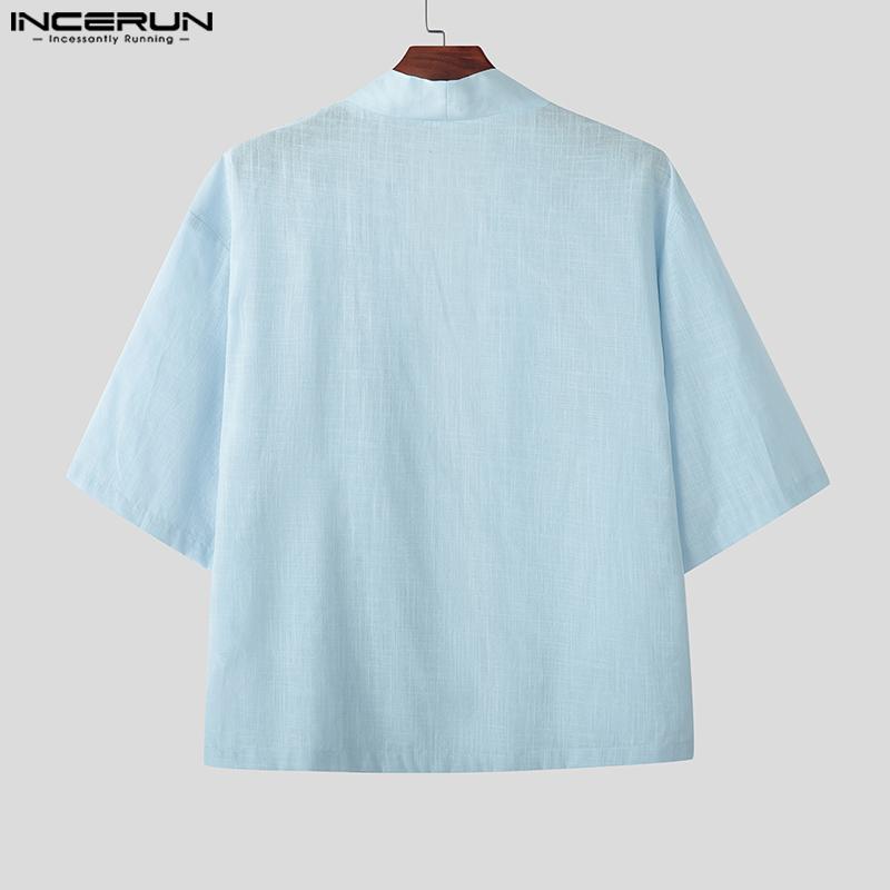 INCERUN Винтажный мужской летний кардиган с рукавами 3/4 и шнуровкой, кимоно с открытым передом