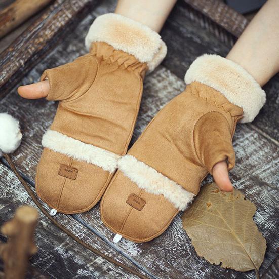 Women Winter Suede Gloves Thickened Convertible Fingerless Mittens Fleece-lined Warm Gloves with Fluffy Cuffs for Outdoor Cycling Hiking