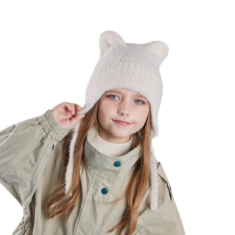 Новые детские шапки, милые вязаные шерстяные шапки с кошачьими ушками, зимние шапки для мальчиков и девочек, детские защитные капюшоны, модные уличные теплые цветные шапки