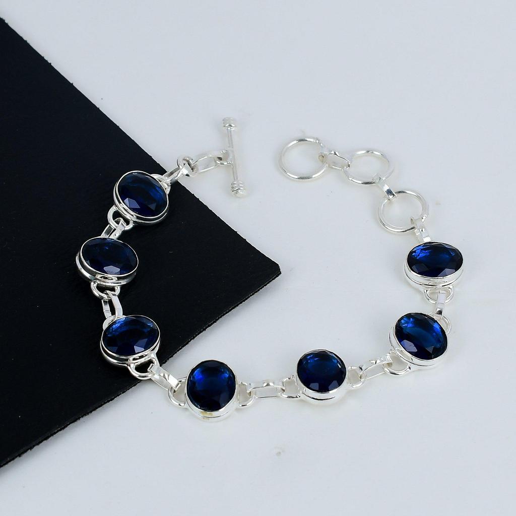 Изящный синий сапфир драгоценный камень браслет ручной работы из стерлингового серебра 925 пробы, синий сапфир браслет для жены, унисекс браслет ватин подарок