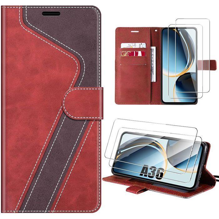 Coque pour Samsung Galaxy A36 5G, Protection Antichoc Synthécuir Rouge Marron - 2 Verres Trempés