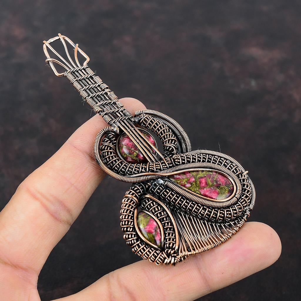 Copper Thulite Pendant Copper Wire Wrapped Pendant Guitar Pendant Thulite Jewelry Handmade Gemstone Pendant Copper Wire Jewelry Wedding Gift