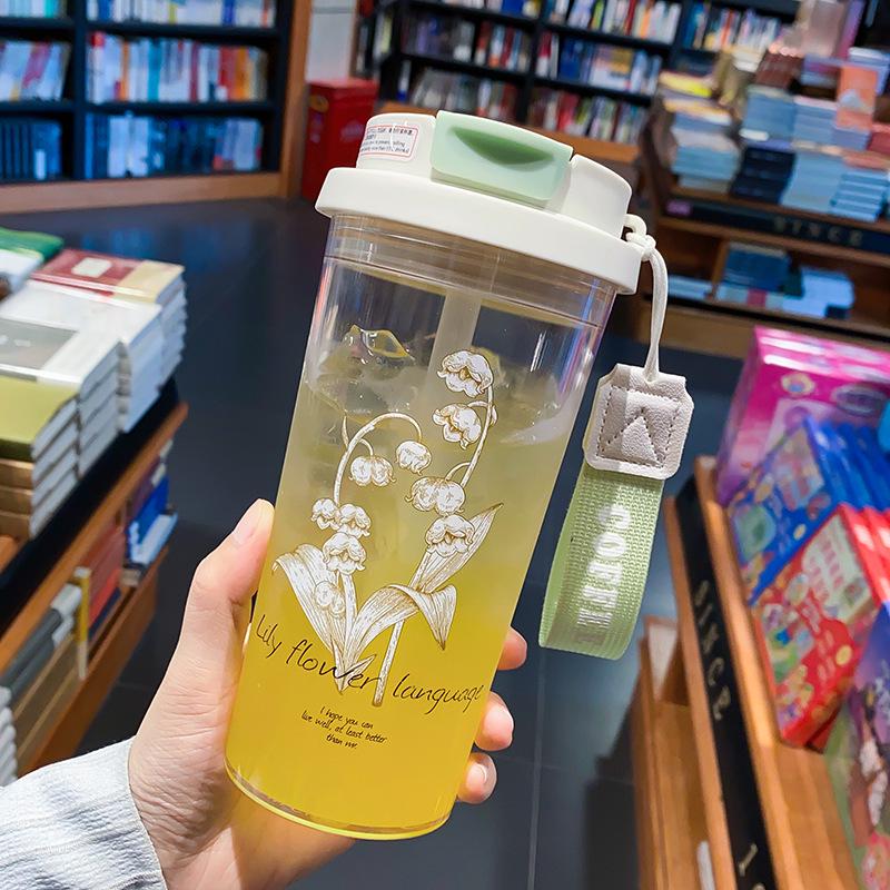 Портативный стакан с трубочкой большой емкости для девочек - Цветочный дизайн