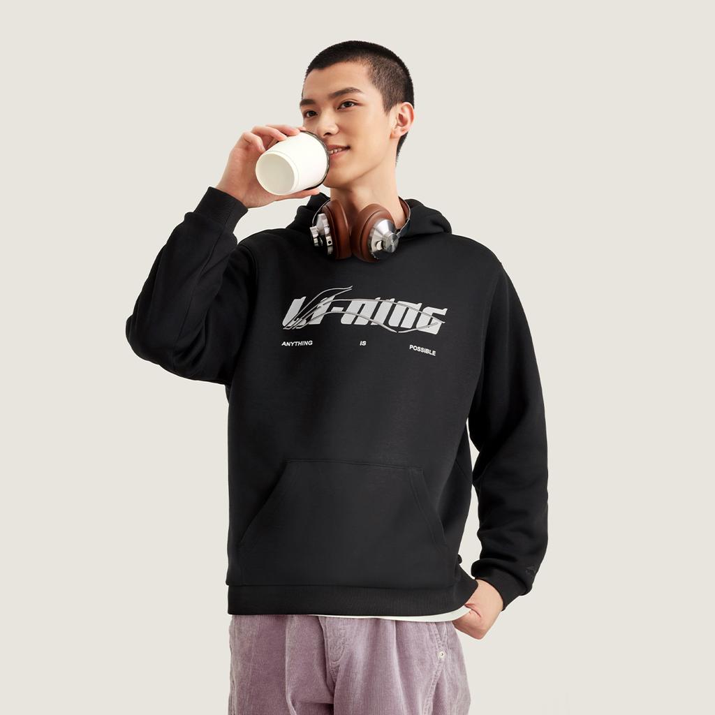 Li Ning Sports Lifestyle Series Casual Simple Hooded Pullover Letter Loose Fashion Versatile Sweatshirt Unisex Sweatshirt Black AWDVC67-2