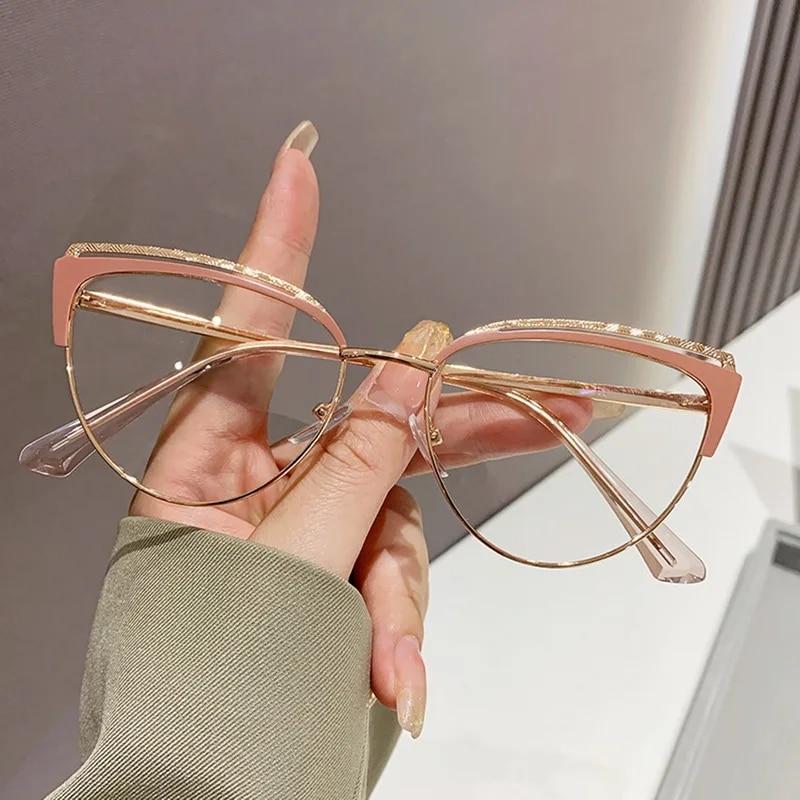 Personalized Luxury Metal Plain Glasses Women Clear Cat Eye Eyewear Anti-Blue Light Optical Spectacles Trendy Computer Glasses