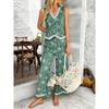 Printed V-neck Vest Wide Pants Set Print V-neck Vest Wide Leg Pants Set