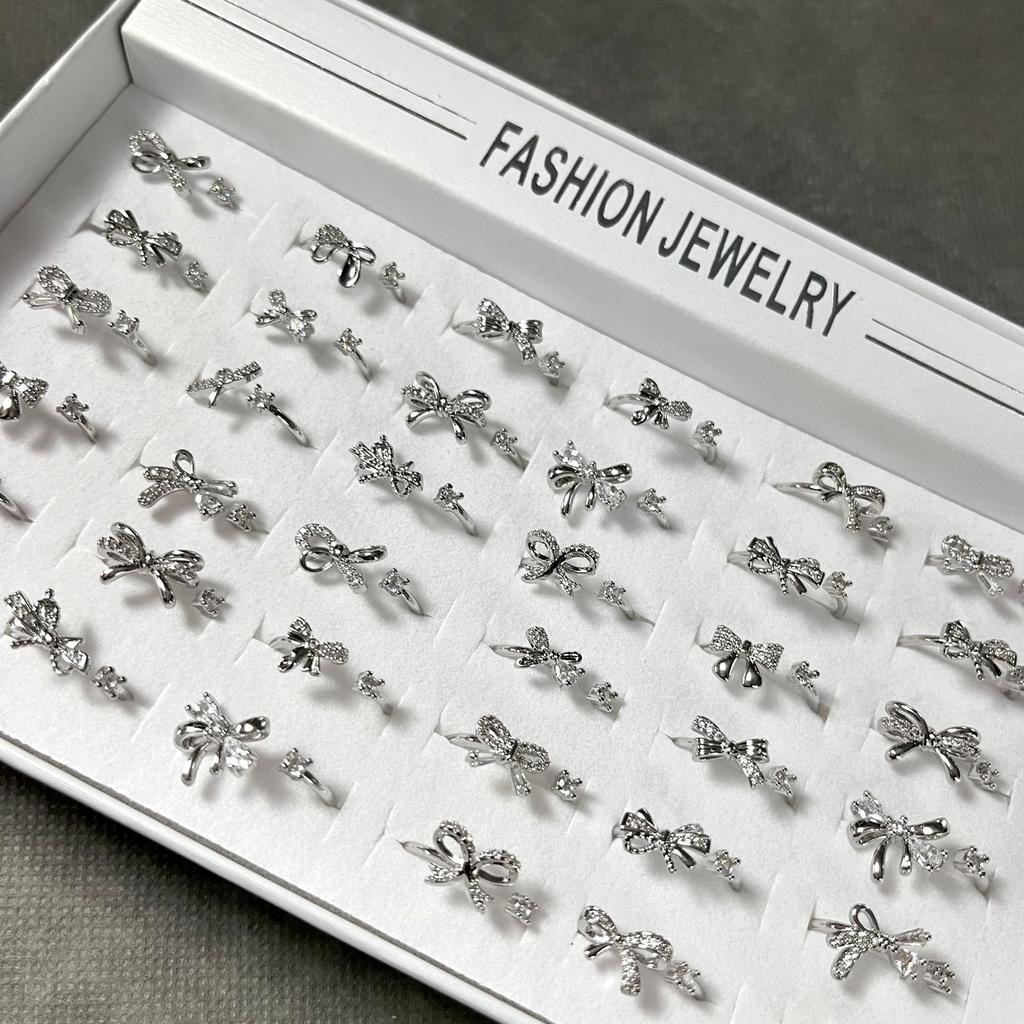 10Pcs Zircon collar ring - women's open adjustable bow finger ring for parties, decorative jewelry