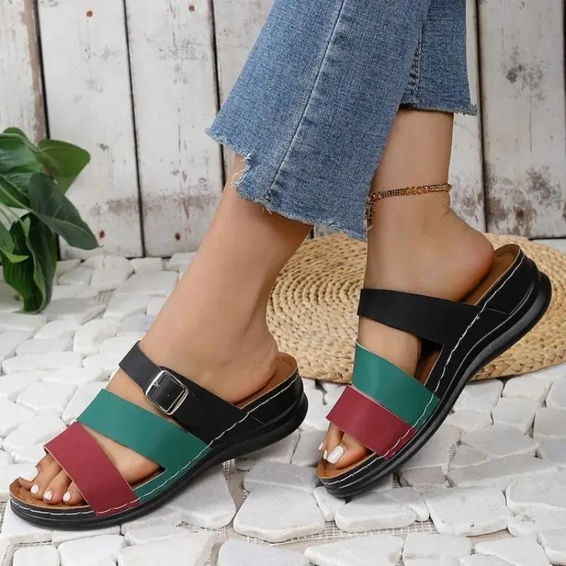 Fashion New Women's Mixed Color Wedges Slippers Summer Peep Toe Non Slip Beach Shoes Woman Buckle Decor Slippers Platform Roman Sandals
