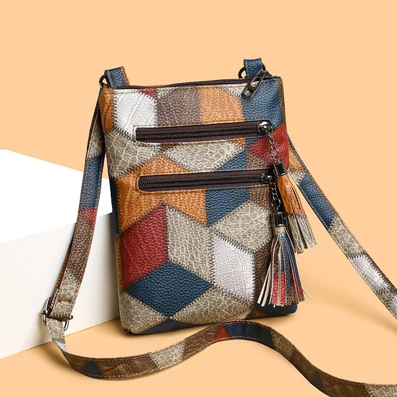 Винтажная сумка через плечо с верхней ручкой из ПУ-кожи для женщин среднего возраста, клетчатая, с цветовыми блоками, бахромой, кисточками, сумка-тоут
