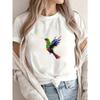 White T-Shirt With Colorful Hummingbird Print For Casual Wear