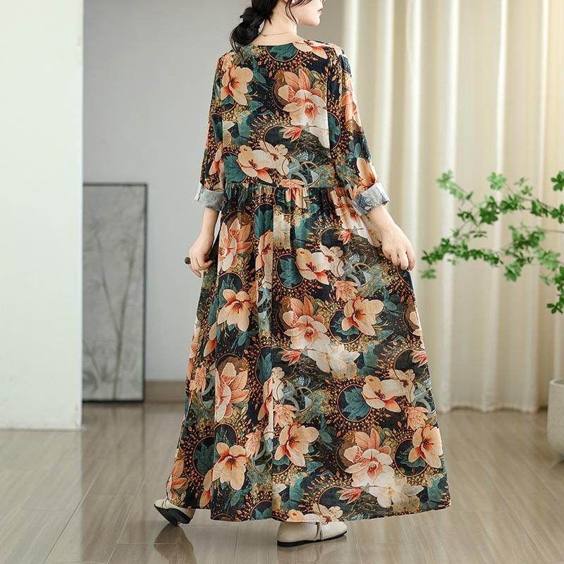 Long Sleeve Plus Size Cotton Vintage Floral New In Dresses for Women Casual Loose Spring Summer Autumn Dress
