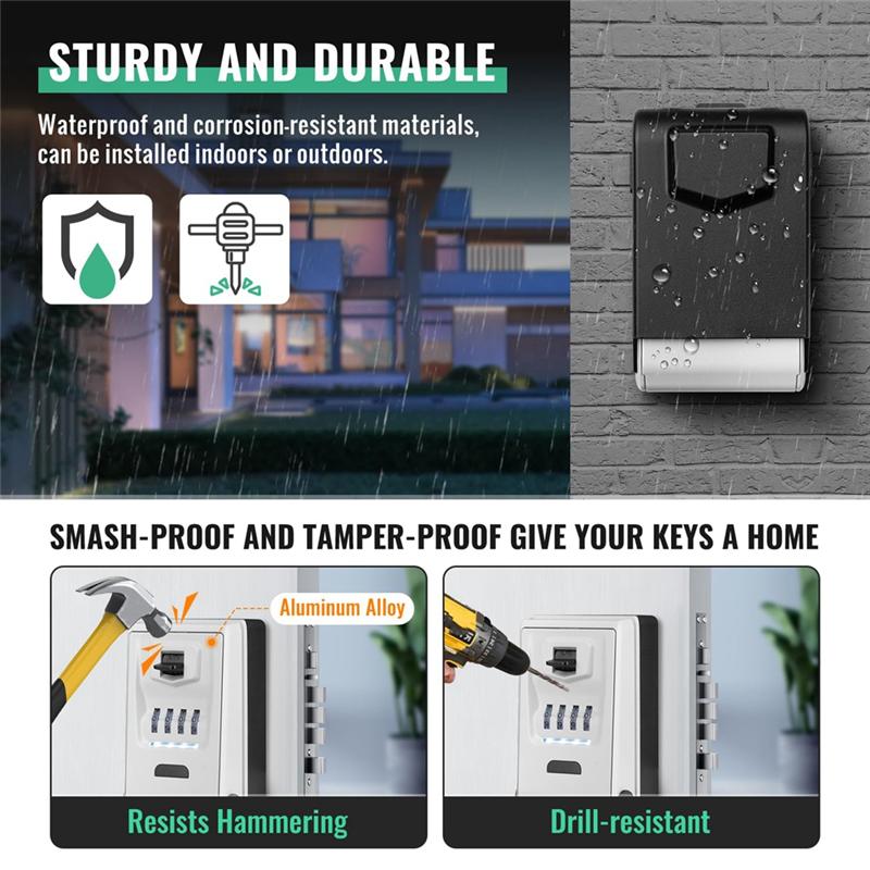 Fresh Sturdy Waterproof Key Lock Box For Outside With Light Up Dials Combination Key Holder Wall Mount Storage Box