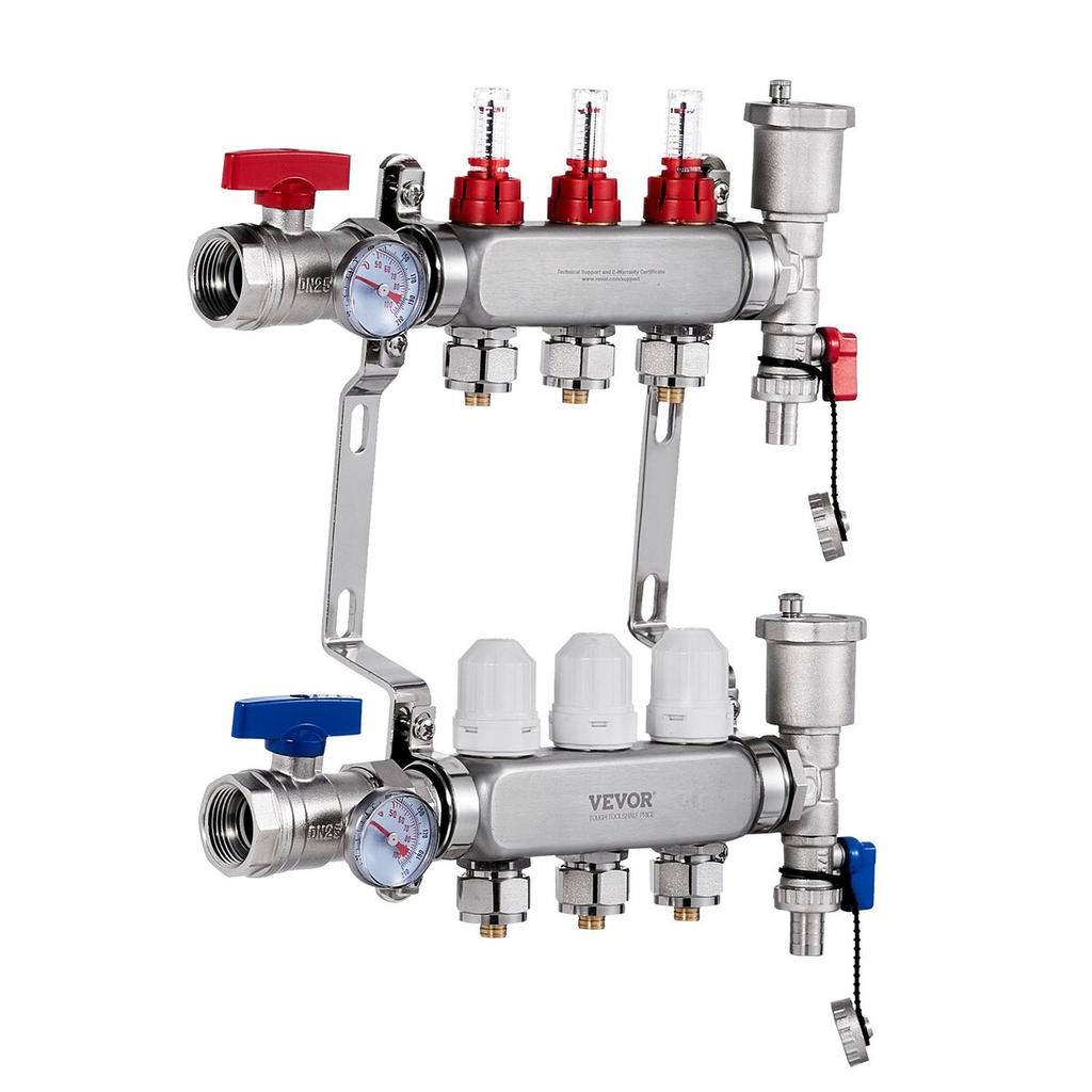 3-Branch Radiant Heat Manifold 1/2" PEX Tubing Floor Heating Manifold Set