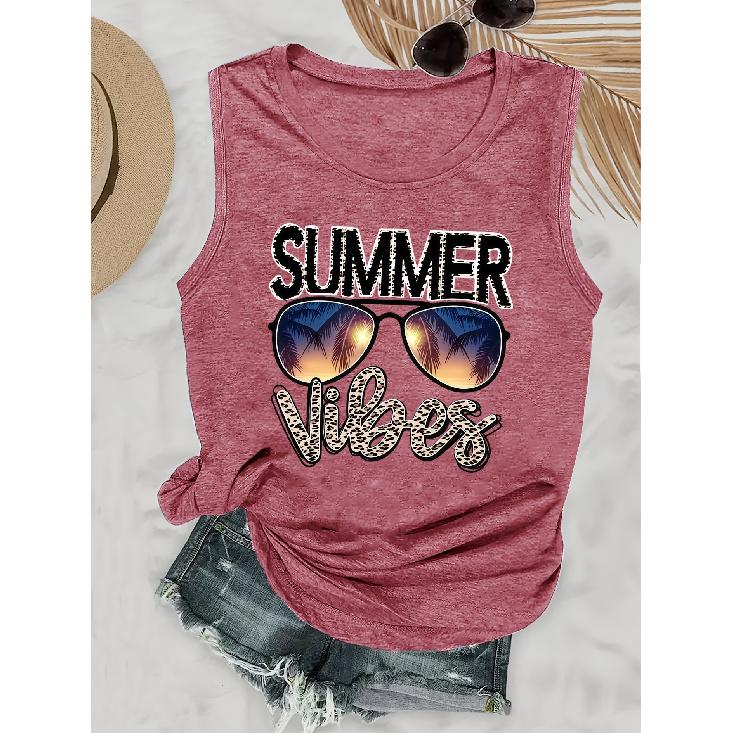 Elegant Vest for Women “Summer Vibes” Sunglasses beach print casual loose summer vest Fashionable and elegant tops for commuting, vacation, and