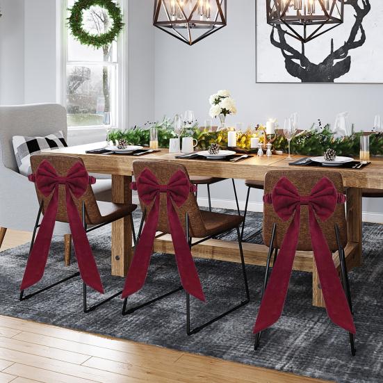 Рождественские бархатные банты на стулья 11,8" x 29,5" Бургундские банты для стульев с завязками сзади для Рождественского банкета, Свадьбы, Вечеринки по случаю дня рождения, Украшения для столовой