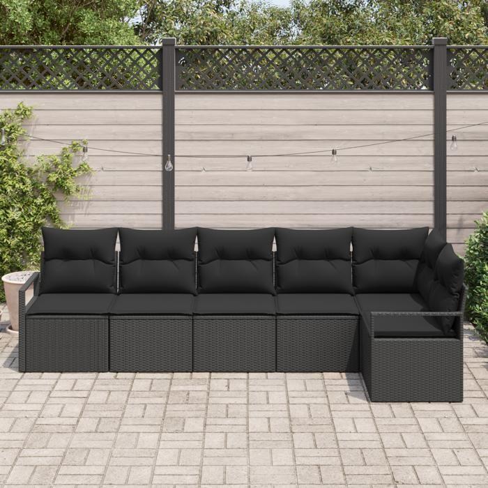 Ensemble de canapés de jardin 6 pièces avec coussins noir poly rattan, Canapé de jardin 2 places avec coussins noir poly 3346403