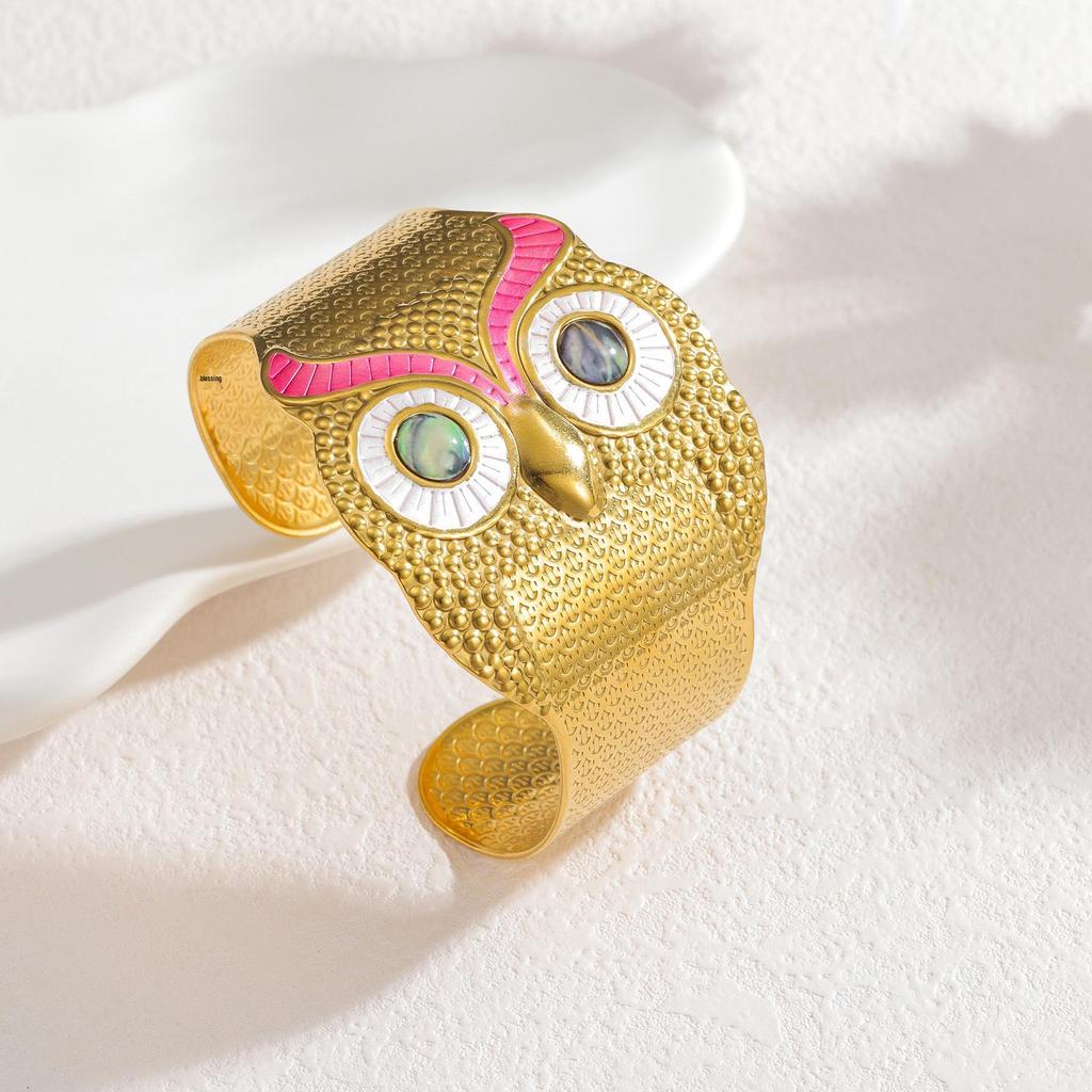 Браслет-манжета из титановой стали с эмалью в виде совы - Художественный и милый модный браслет