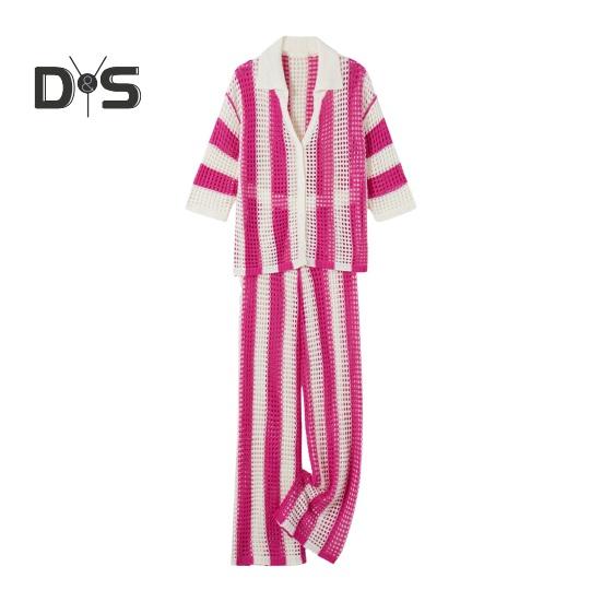 2 шт./компл., женская рубашка и брюки, комплект трикотажных полых V-образным вырезом, однобортная блузка с рукавами три четверти, высокая талия, широкие брюки, пляжный наряд