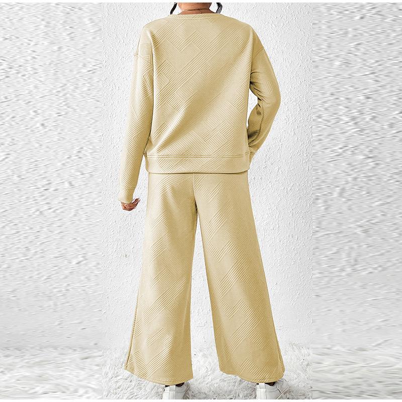 Autumn Women's Pure Color Wide Leg Pants Set Long Sleeved Round Neck Pullover Drawstring Pants Female Suit