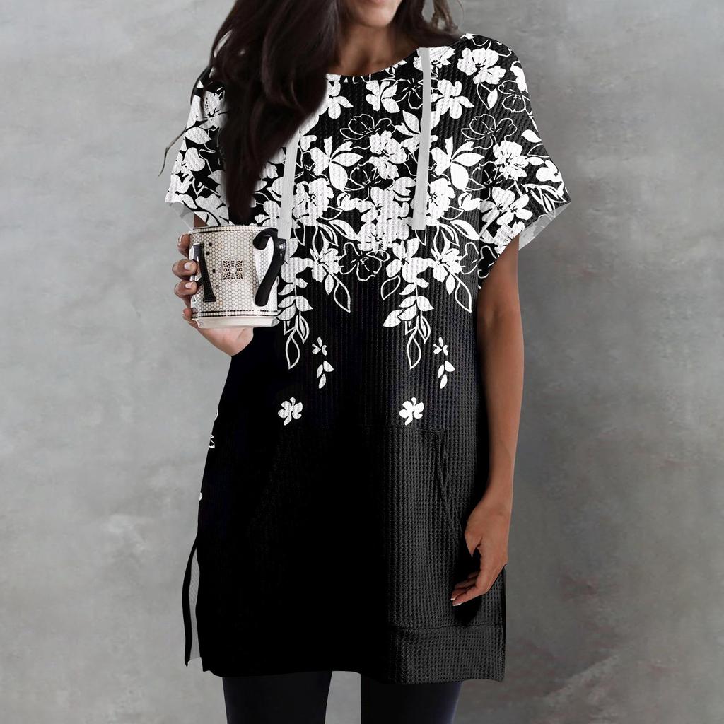 Женские свободные рубашки с принтом, толстовки с короткими рукавами и шнурком, вязаная туника с боковыми разрезами, топы с капюшоном и карманом