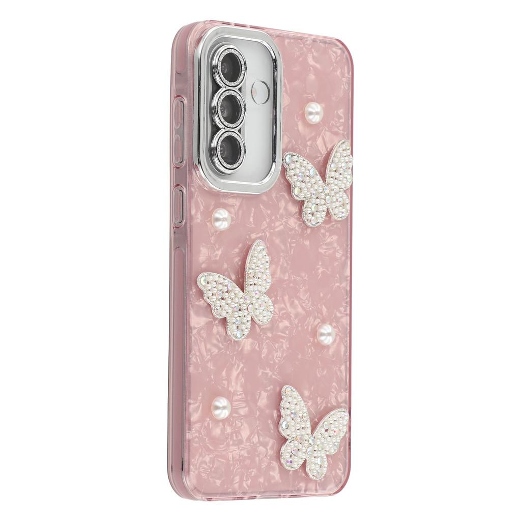 For Samsung Galaxy S25/S24 Case Butterfly Pearl Decor IMD PC+TPU Phone Cover with Glass Lens Film