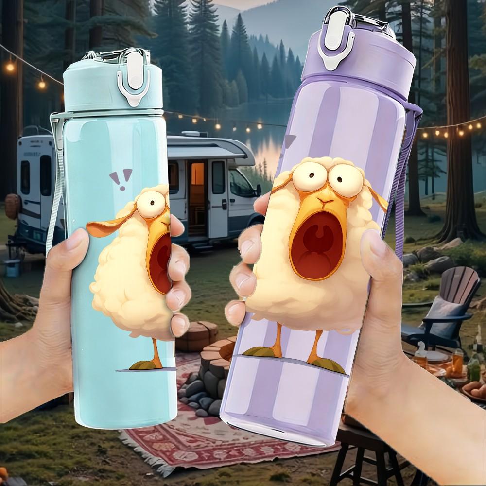 1PC Fluffy White Goose Art 750ml Color Plastic Sports Water Bottle Leakproof Flip Straw Lid Suitable for Sports Office Home Use