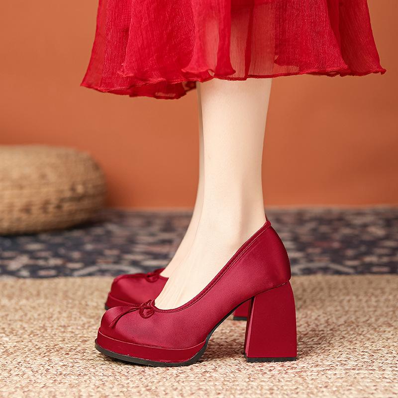 Fashion IPPEUM Women High Heels Lolita Shoes Platforms Block Heel Ballerinas Zapatos Mujer Satin Pumps