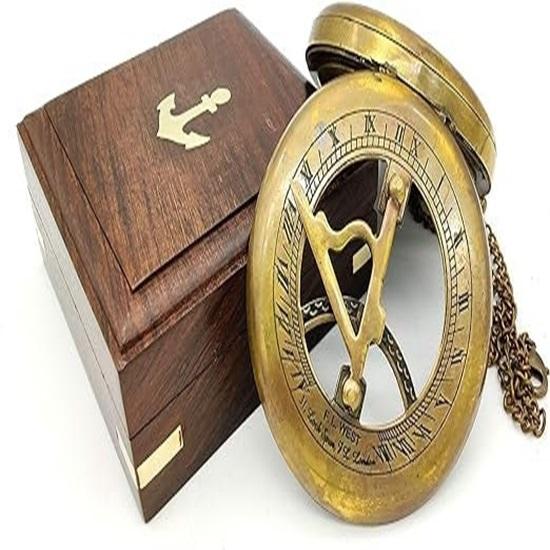 Sundial Compass, Steampunk Brass Sundial Compass, Sundial Watch with Wooden Box Brass Nautical Home Décor Gift Maritime Instrument Hiking