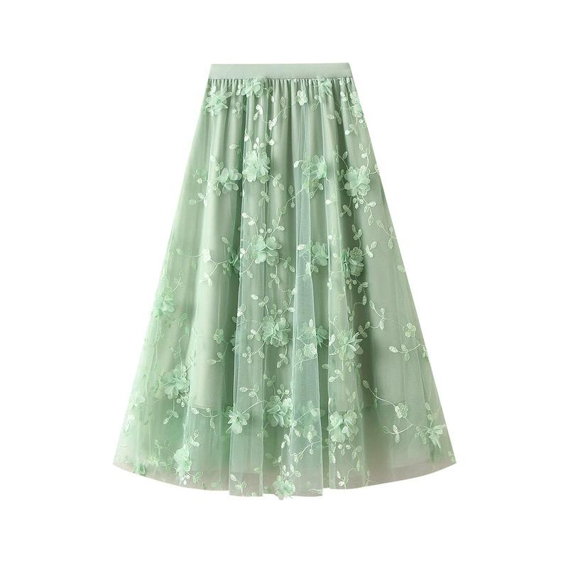 Mesh Embroidery Heavy Industry Half Length Skirt Large Size Yarn Skirt Spring A-line Artistic High Waist Long Skirt