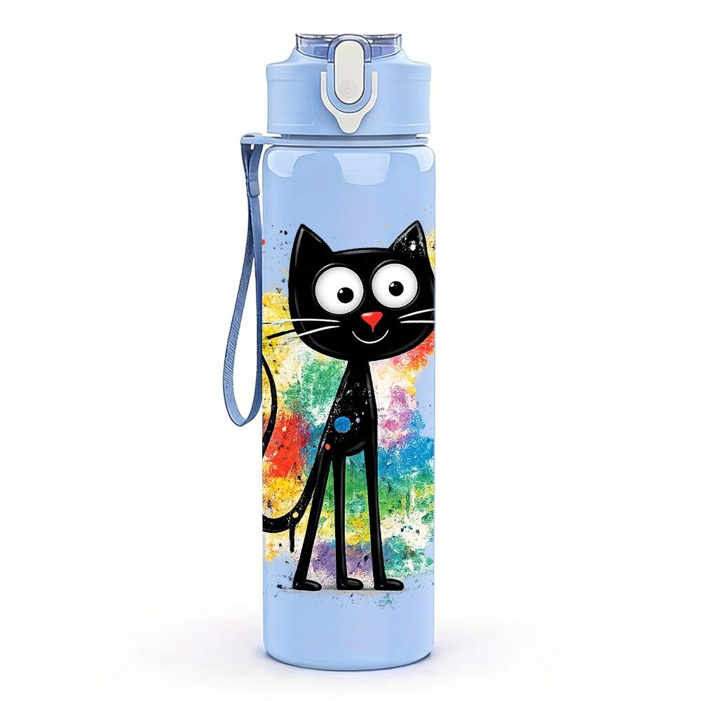 1PC Colorful Graffiti Black Cat Cartoon Print 750ml Color Plastic Sports Water Bottle Leakproof Flip Straw Lid Suitable for Sports Office Home Use