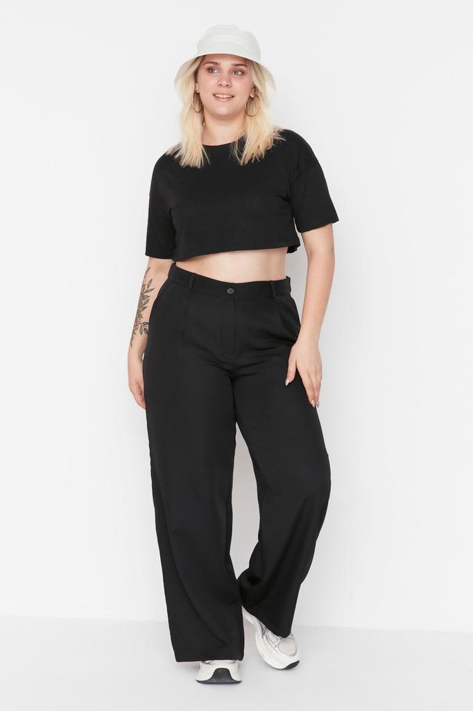 Women's Style Plus Size Black Wide Leg Woven Trousers