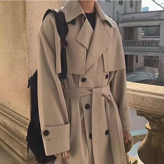 Мужская ветровка, пальто с лацканами, длинный рукав, двубортный тренчкот с карманами, однотонный свободный крой, осень-зима, средняя длина, верхняя одежда