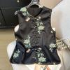Spring/Autumn V-neck Frog Button Satin Embroidered Hanfu Vest Cardigan